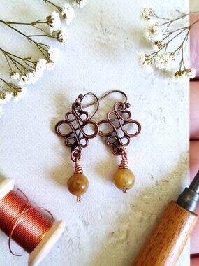 Southwestern Vibes - Dark Honey & Copper - Filigree + Agate Dangle Earrings